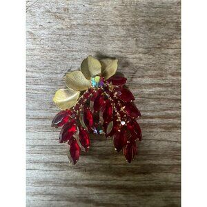 Juliana Delizza Elster Red Rhinestone Brooch With Gold Metal Leaf Accents